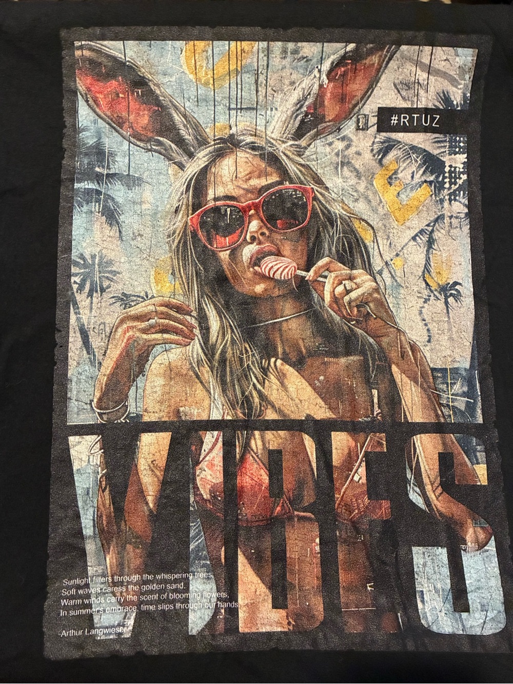 Women’s Black Short Sleeve Tee with Red Graphic Bunny Print
